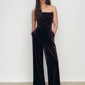 Reiss Andria Velvet Drape Strapless Jumpsuit in Burgundy size 0 US